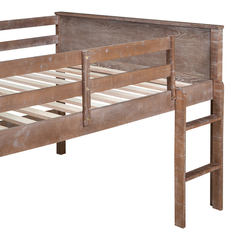 Wood Twin Size Loft Bed with Hanging Clothes Racks, White Rustic Natural