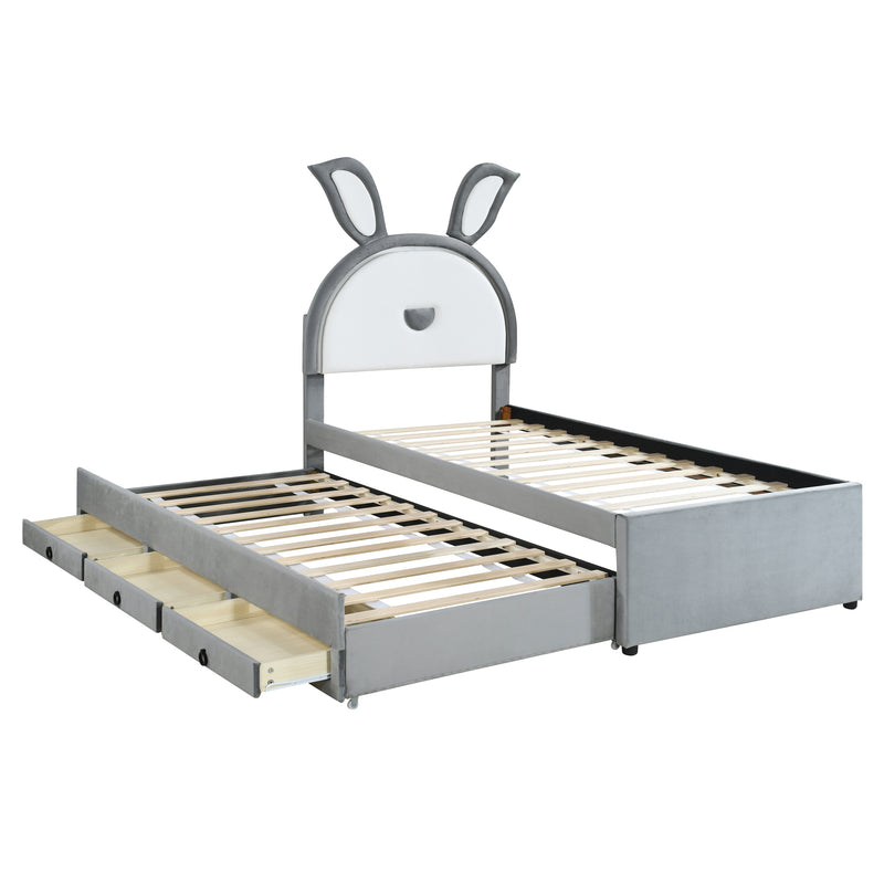 Twin Size Upholstered Platform Bed with Trundle and 3 Drawers, Rabbit-Shaped Headboard with Embedded LED Lights, Gray