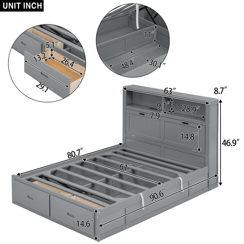 Wood Queen Size Hydraulic Platform Bed with Storage LED Headboard, Charging Station and 2 Drawers, Gray