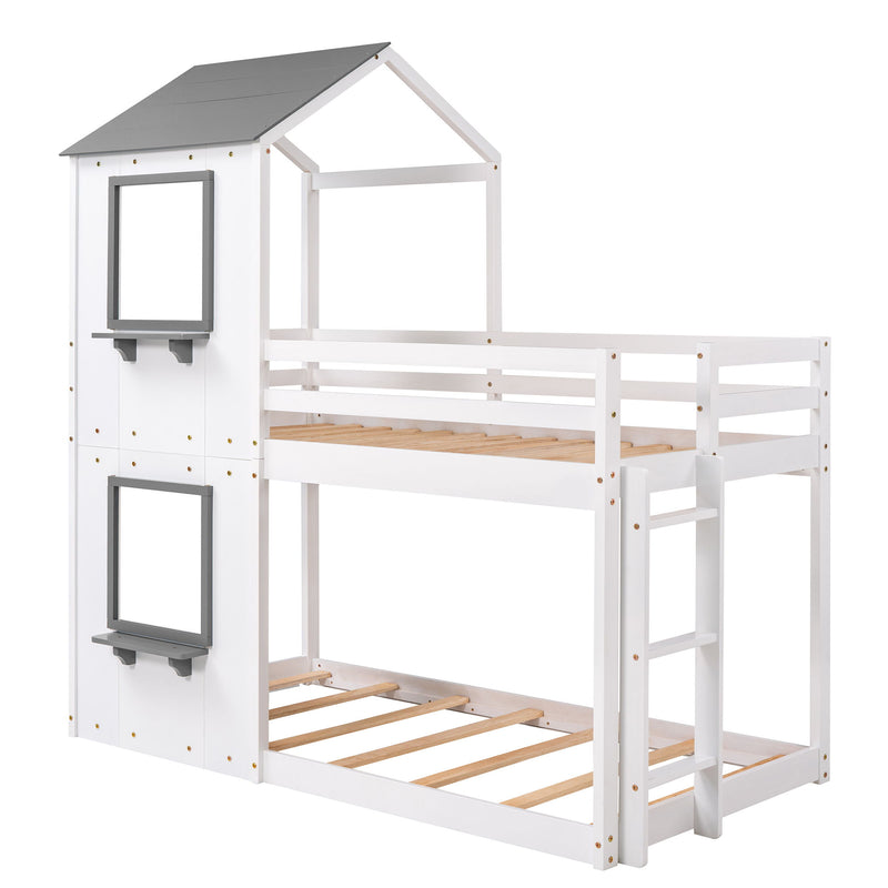 Twin Over Twin Bunk Bed Wood Bed & Roof, Window, Guardrail, Ladder