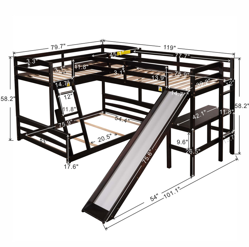 Twin over Full Bunk Bed with Twin Size Loft Bed with Desk and Slide,Full-Length Guardrail, Espresso