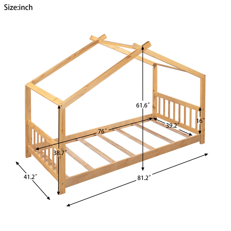 Twin Size House Platform Bed with Headboard and Footboard,Roof Design,Natural