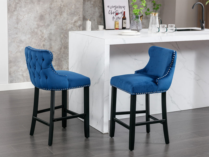 Contemporary Velvet Upholstered Wing-Back Barstools With Button Tufted Decoration And Wooden Legs, And Chrome Nailhead Trim, Leisure Style Bar Chairs, Bar Stools (Set of 2)