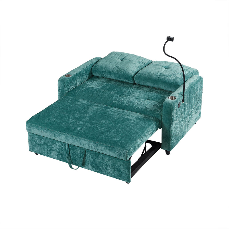 Modern Loveseat Pull Out Sofa Bed With Adjustable Backrest, Two Cup Holders, A Phone Holder, Three Charging Ports And Side Storage Pockets For Living Room