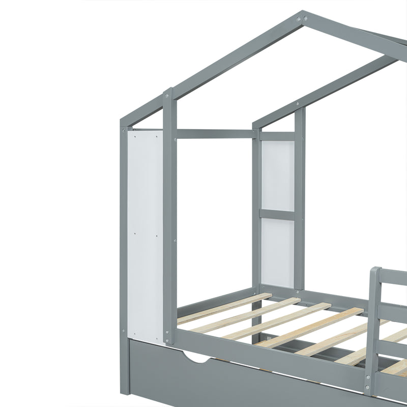 Twin Size Wood House Bed with Fence and Writing Board, Gray