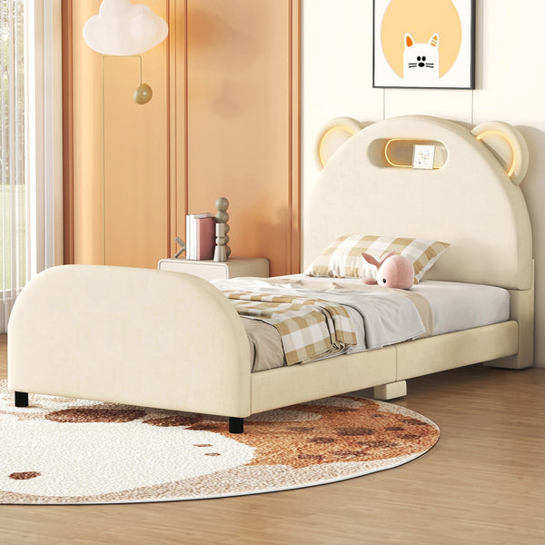 Twin Size Upholstered Platform Bed with Bear-Shaped Headboard and Embedded Light Stripe, Velvet, Beige