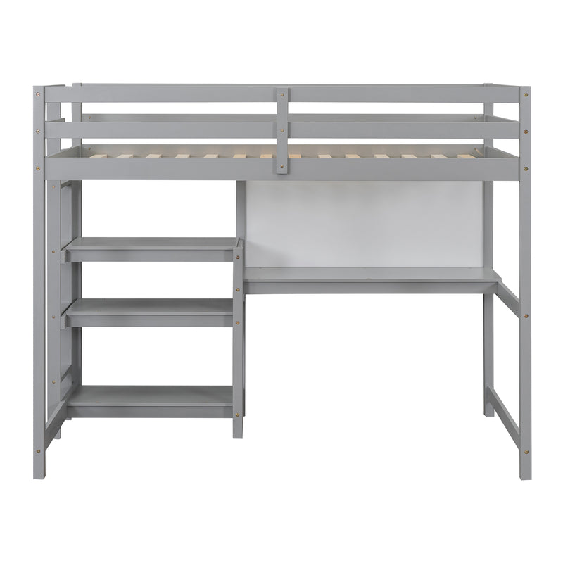 Twin Size Wooden Loft Bed with Shelves, Desk and Writing Board - Gray