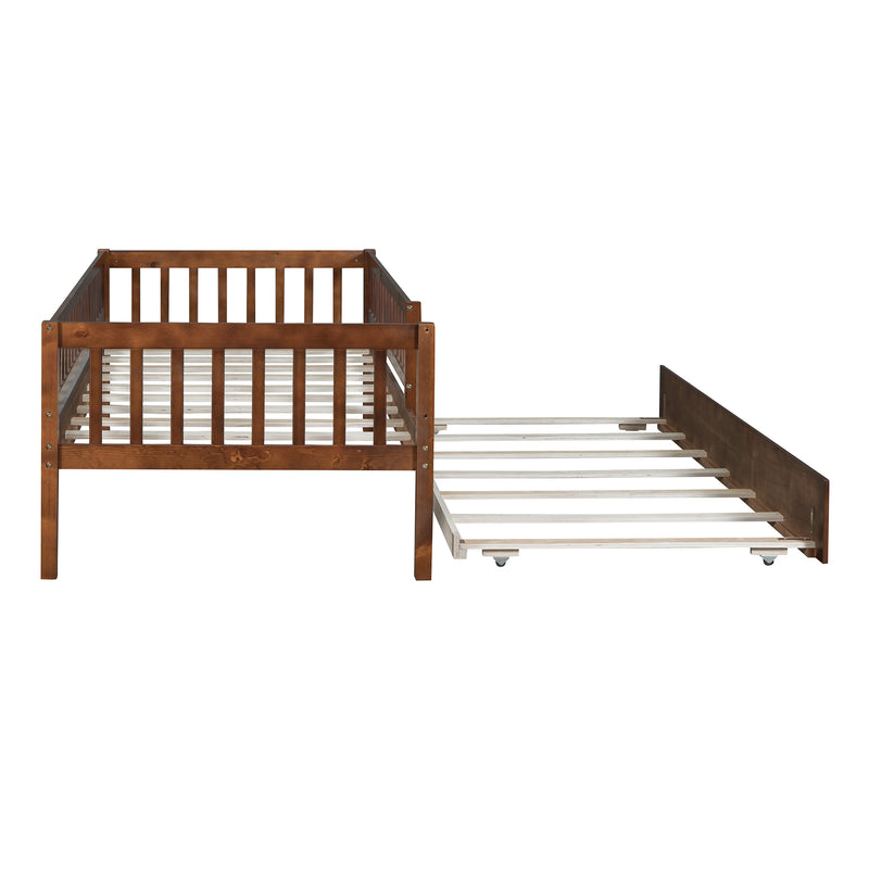 Twin Size Wood Daybed with Trundle and Fence Guardrails, Walnut