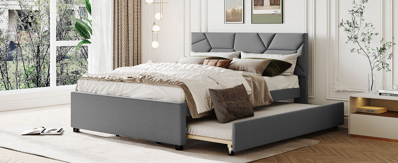 Queen Size Upholstered Platform Bed with Brick Pattern Headboard and Twin XL Size Trundle, Linen Fabric, Gray