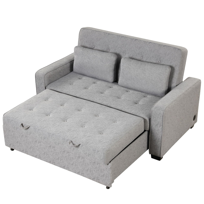 Upholstered Sleeper Bed, Pull Out Sofa Bed Couch Attached Two Throw Pillows, Dual USB Charging Port And Adjustable Backrest For Living Room Space