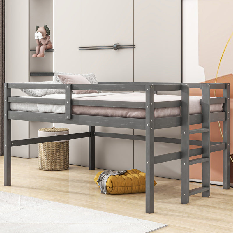 Wood Twin Size Loft Bed with Side Ladder, Antique Grey