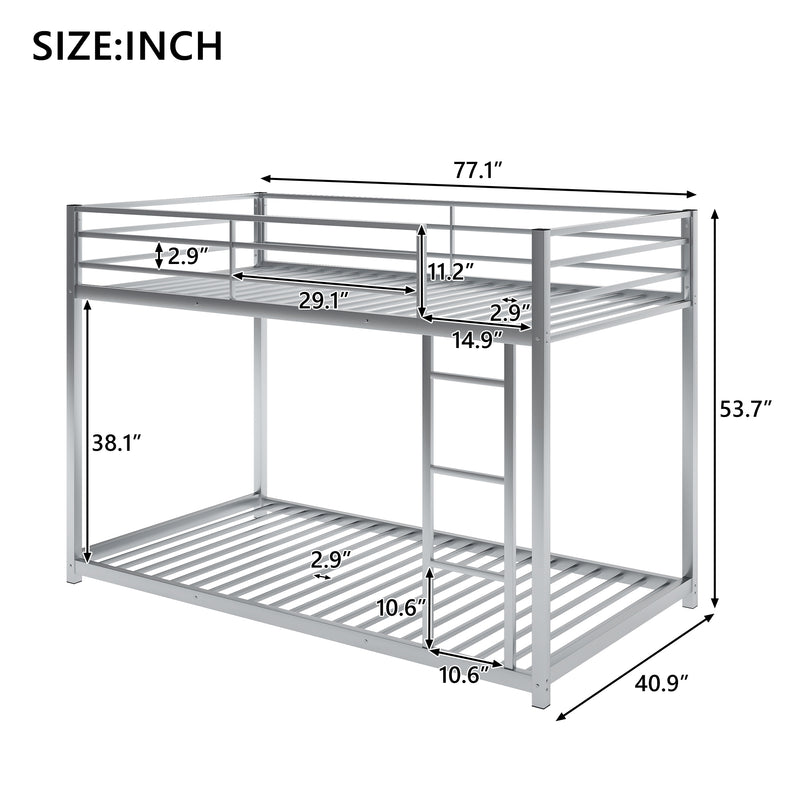 Twin over Twin Metal Bunk Bed, Low Bunk Bed with Ladder,Silver(OLD SKU:WF282465AAN)