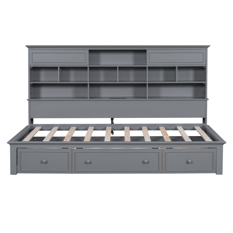 Twin Size Wood Daybed with Multi-Storage Shelves, Charging Station and 3 Drawers, Gray