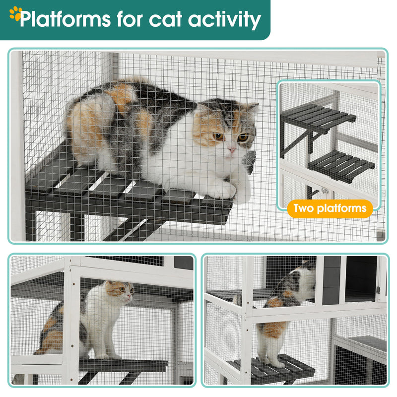 3 Tier Wooden Outdoor & Indoor Cat House Suitable For 1-3 Cats Cat Enclosure Resting Box With 4 Platforms And 2 Doors Cat Shelter Kitty House With A Jump Box For Hiding And Resting Cat Cage - Gray