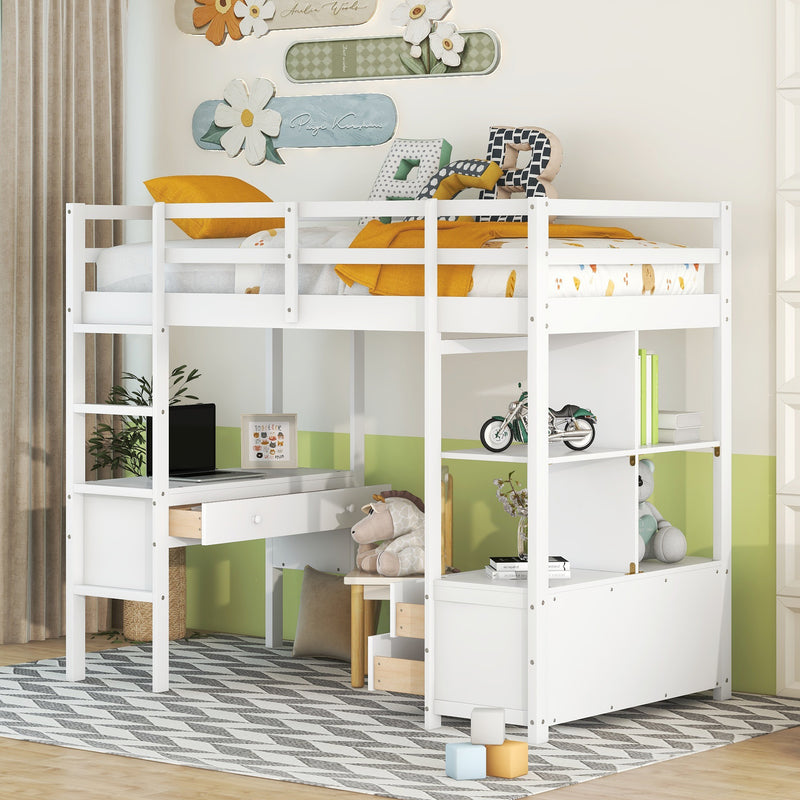 Twin  Size Loft Bed with Built-in Desk with Two Drawers, and Storage Shelves and Drawers,White