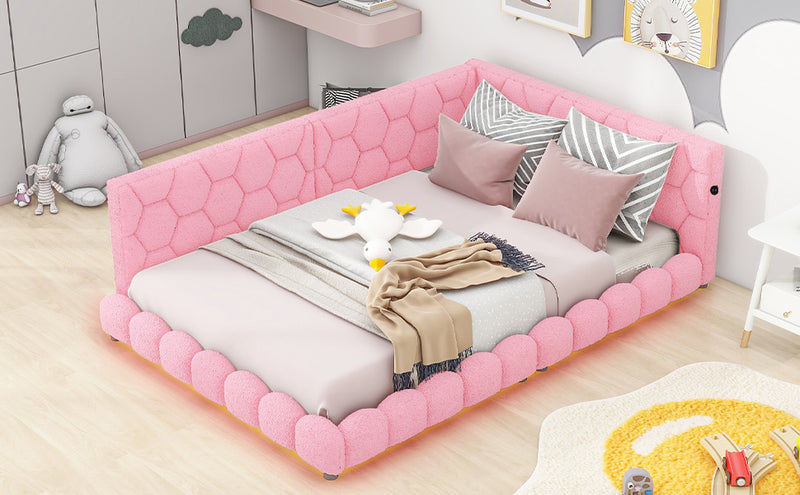 Upholstered Full Size platform bed with USB Ports and LED belt, Pink