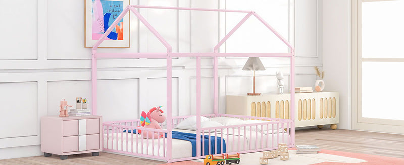 Metal Bed House Bed Frame With Fence, For Kids, Teens, Girls, Boys