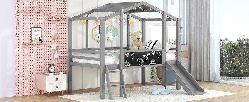 Twin Size Loft Bed with Ladder and Slide, House Bed with Blackboard and Light Strip on the Roof, Gray