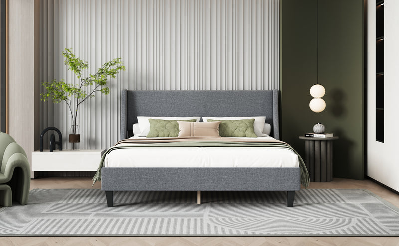 Queen Size Bed Frame Upholstered Bed Frame Platform,Non-adjustable Headboard Linen Fabric Headboard Wooden Slats Support/No Box Spring Needed/Easy Assembly/Mattress Foundation, Light gray