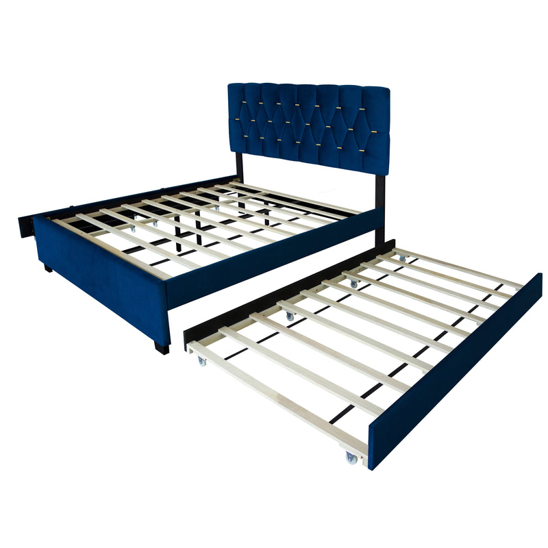 BLUE QUEEN SIZE TRUNDLE PULL OUT DRAWERS STORAGE UPHOLSTERED BED MODERN  DESIGN NO BOX SPRING REQUIRED