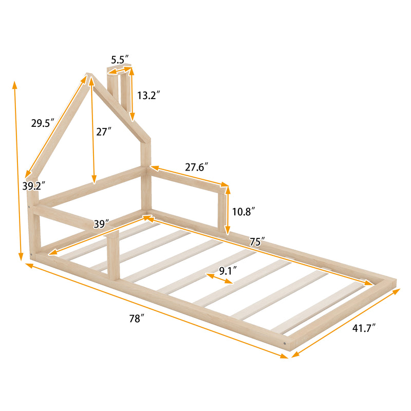 Twin Size Wood Floor Bed with House-shaped Headboard, Natural