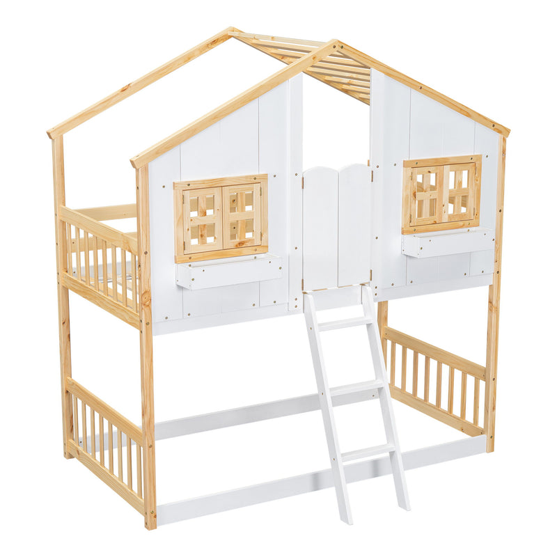 House Bunk Bed With Roof, Window, Window Box, Door, With Safety Guardrails And Ladder