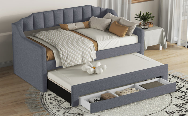 Twin Size Upholstered Daybed with Trundle and Three Drawers,Gray