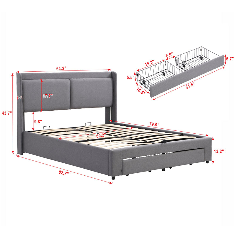 Queen Size Storage Upholstered Hydraulic Platform Bed with 2 Drawers, Gray