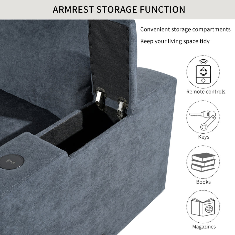 U-style Upholstered Modular Sofa with USB Charge Ports,Wireless Charging and Built-in Bluetooth Speaker in Arm,Sectional sofa for Living Room Apartment(4-Seater)