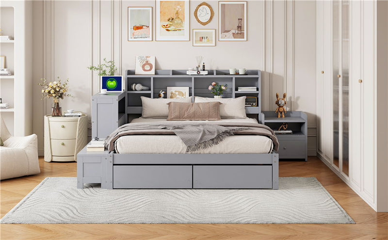 Platform Bed With Multi Functional Storage Space, Nightstand, 2 Drawers, USB Ports And Desk