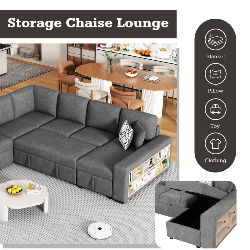 U-Shaped Sectional Sofa Pull-Out Sofa Bed With Two USB Ports, A Storage Chaise Lounge And Four Back Pillows For Living Room