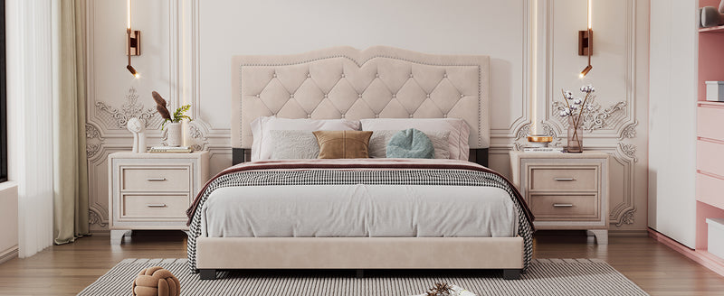 Queen Size Upholstered Bed Frame with Rivet Design, Modern Velvet Platform Bed with Tufted Headboard,Beige