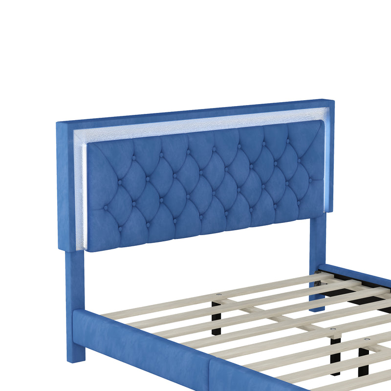 Queen Size Upholstered Bed Frame with LED Lights,Modern Velvet Platform Bed with Tufted Headboard,Blue