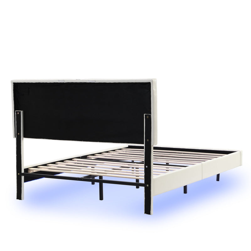 Queen Size Floating Bed Frame With LED Lights And USB Charging, Modern Upholstered Platform LED Bed Frame - White