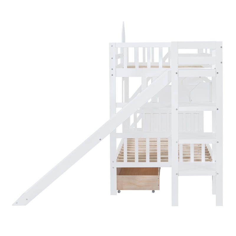 Twin-Over-Twin Castle Style Bunk Bed with 2 Drawers 3 Shelves and Slide - White