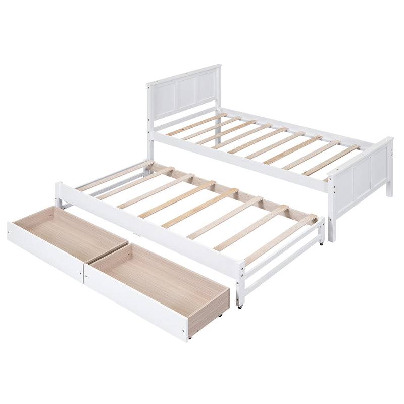 Twin Size Platform Bed with Trundle and Drawers, White