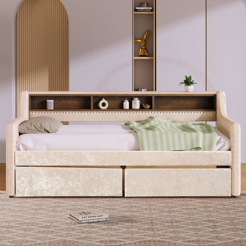 Twin Size Snowflake Velvet Daybed with Two Storage Drawers and Built-in Storage Shelves,Beige