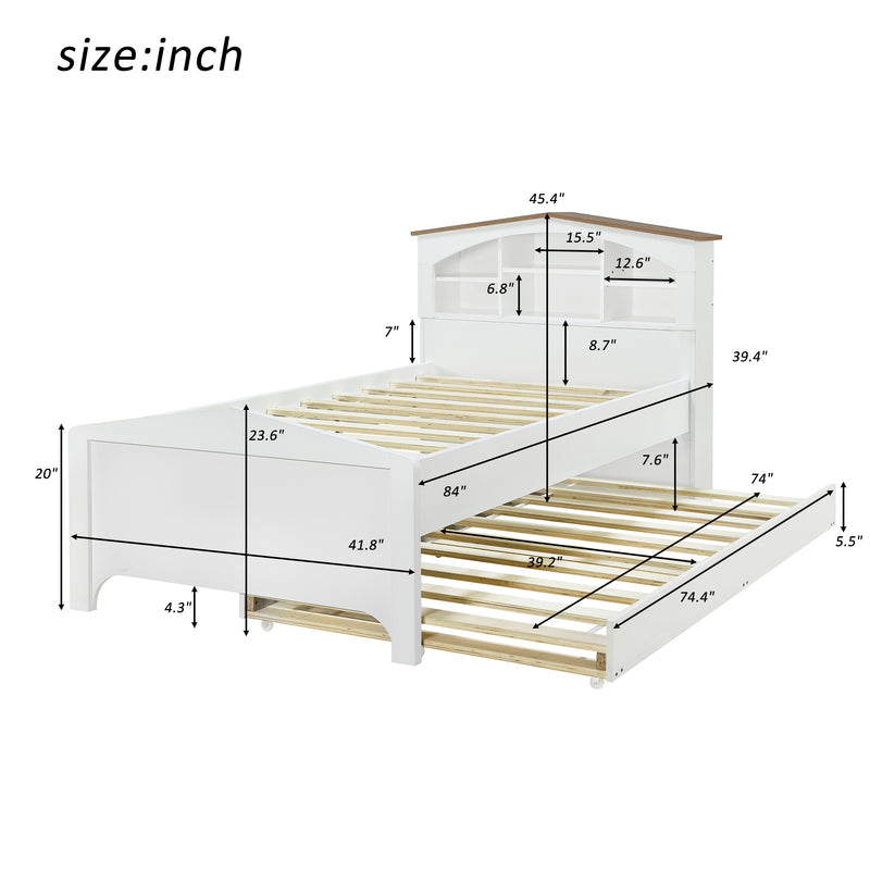 Twin Size Wood Platform Bed with House-shaped Storage Headboard and Trundle, White