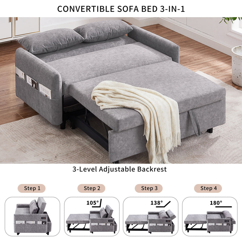 Pull Out Sleep Sofa Bed Loveseats Sofa Couch With Adjsutable Backrest, Storage Pockets, 2 Soft Pillows, USB Ports For Living Room, Bedroom, Apartment, Office