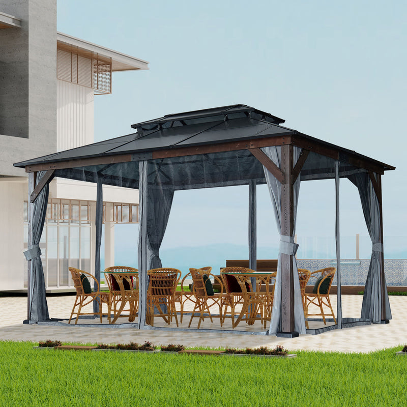 10' x 13' Hardtop Wood Gazebo For Patios, Outdoor Framed Gazebo With Polycarbonate Double Roof Canopy, Solid Wooden Framed Gazebo With Privacy Curtains And Mosquito Nettings For Garden, Backyard - Black