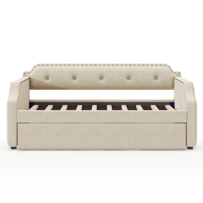 Upholstered Daybed with Trundle, Wood Slat Support,Upholstered Frame Sofa Bed, Twin, Beige