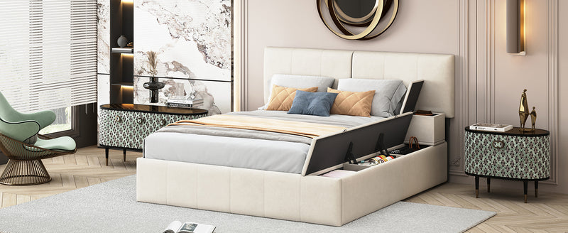 Queen Size Upholstered Platform Bed with Lateral Storage Compartments and Thick Fabric, Velvet, Beige