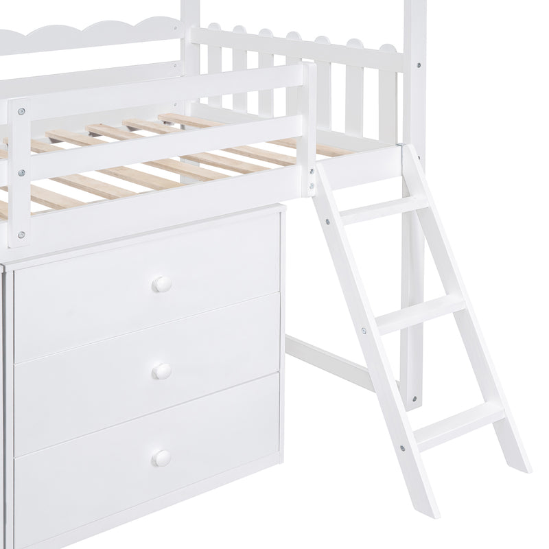 Twin Size House Bed With Cabinet and Drawers, White