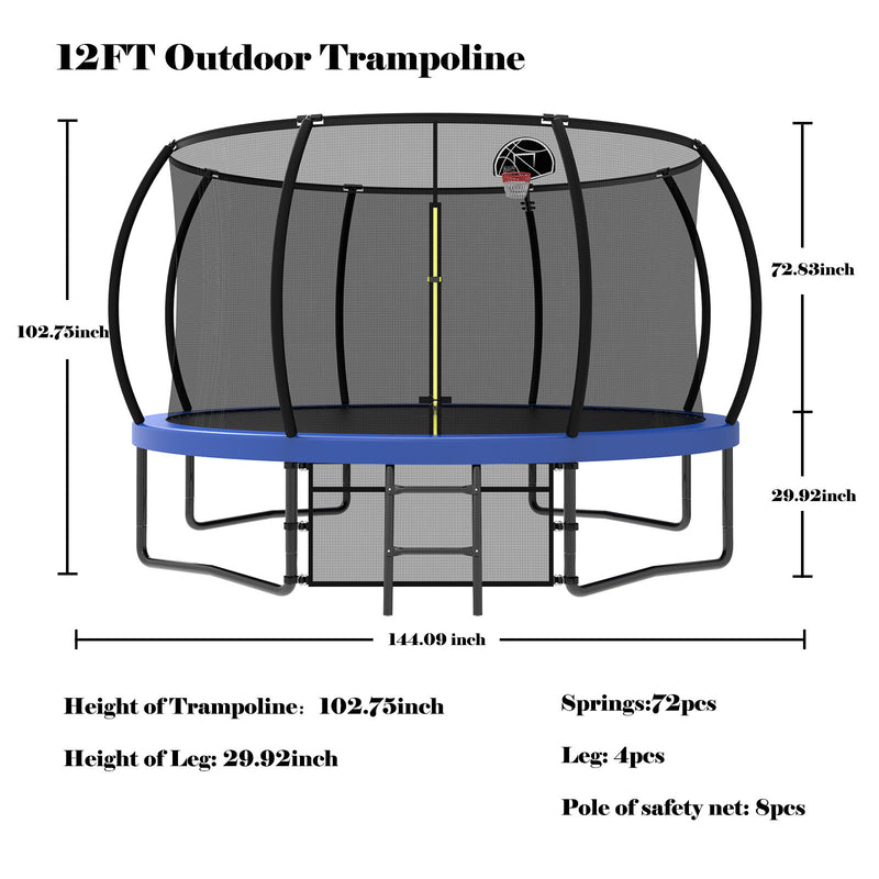 12' Recreational Kids Trampoline With Safety Enclosure Net & Ladder, Outdoor Recreational Trampolines