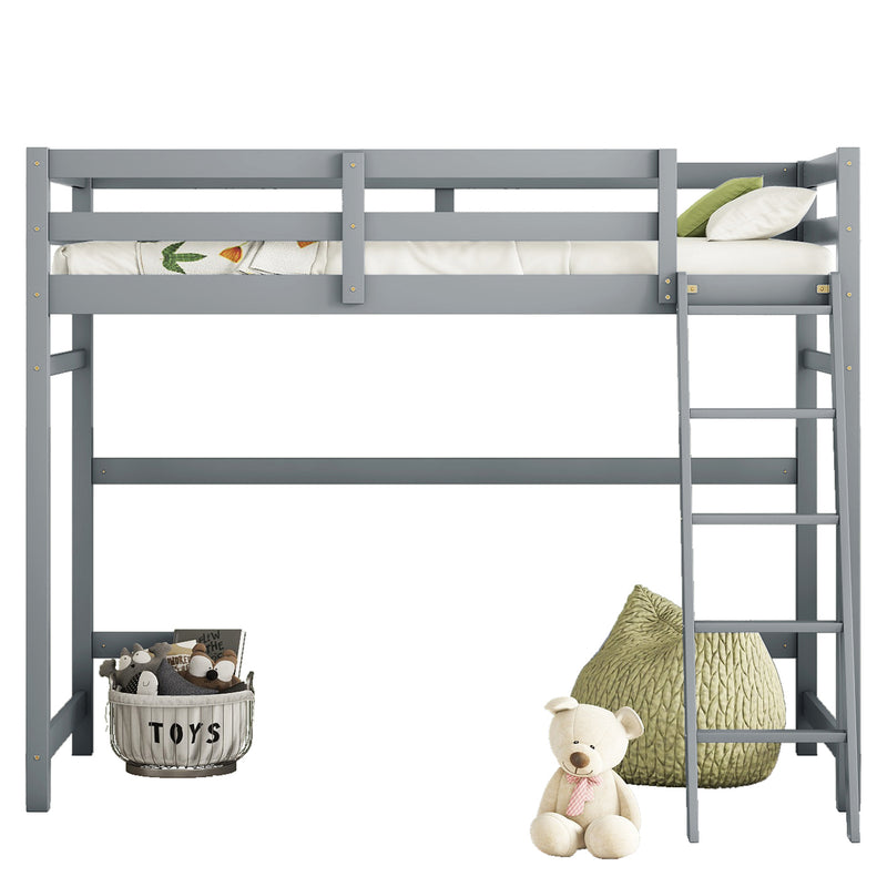 Twin Size High Loft Bed with inclined Ladder, Guardrails,Grey