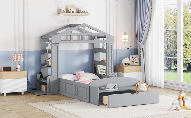 Twin Size House Bed with Bench, Socket and Shelves, Gray