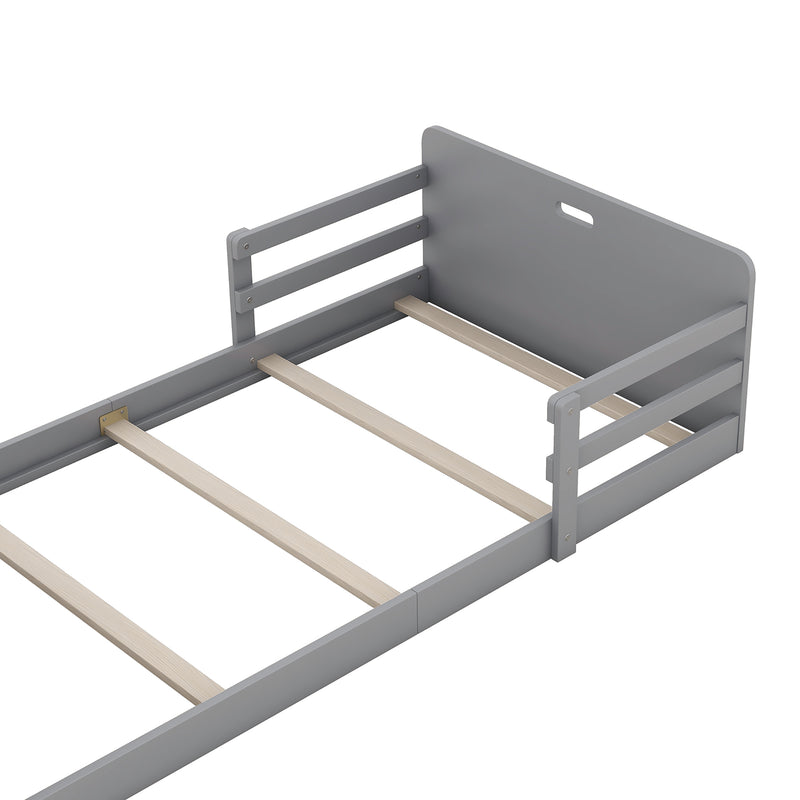 Twin Size Floor Bed with Storage Footboard and Guardrail, Grey