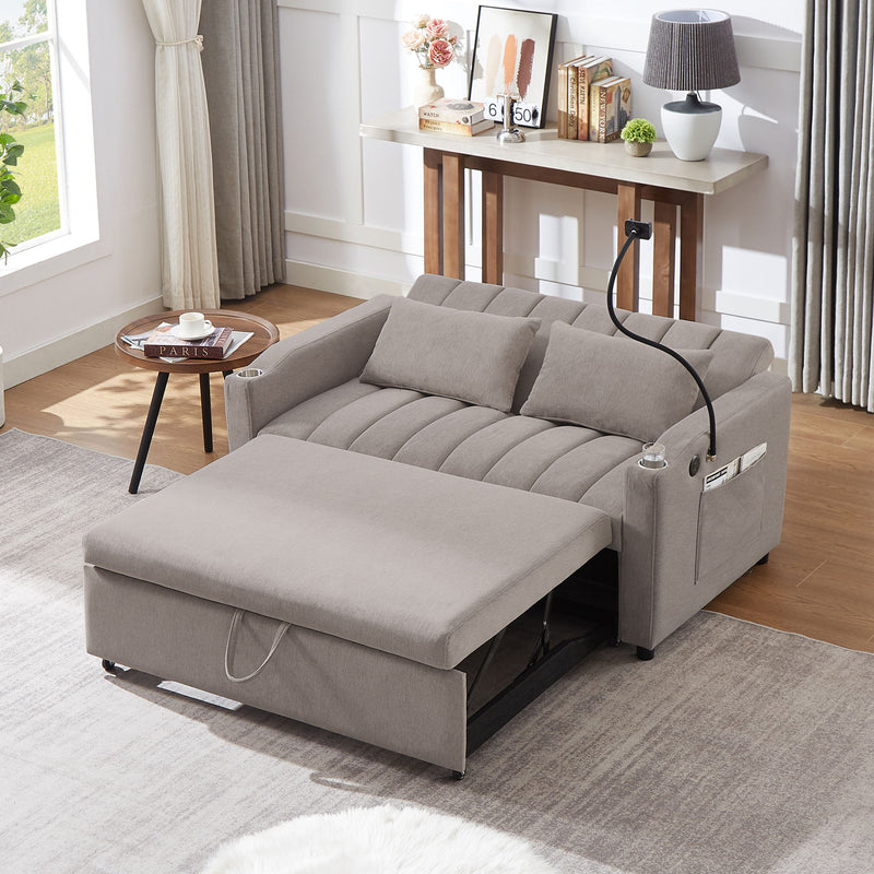 Convertible Sofa Bed Loveseat Sofa With Three USB Ports, Two Side Pockets, Two Cup Holders And 360° swivel Phone Holder For Living Room