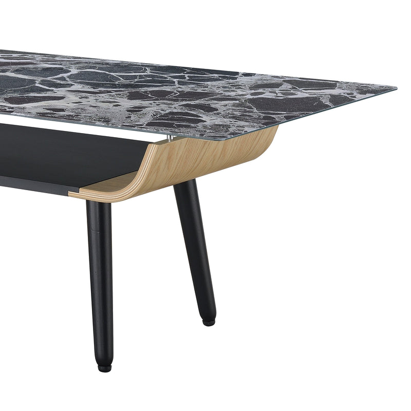 Landon - Coffee Table With Glass Marble Texture Top And Bent Wood Design