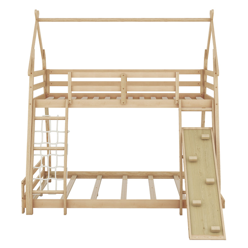 Twin over Queen House Bunk Bed with Climbing Nets and Climbing Ramp, Natural